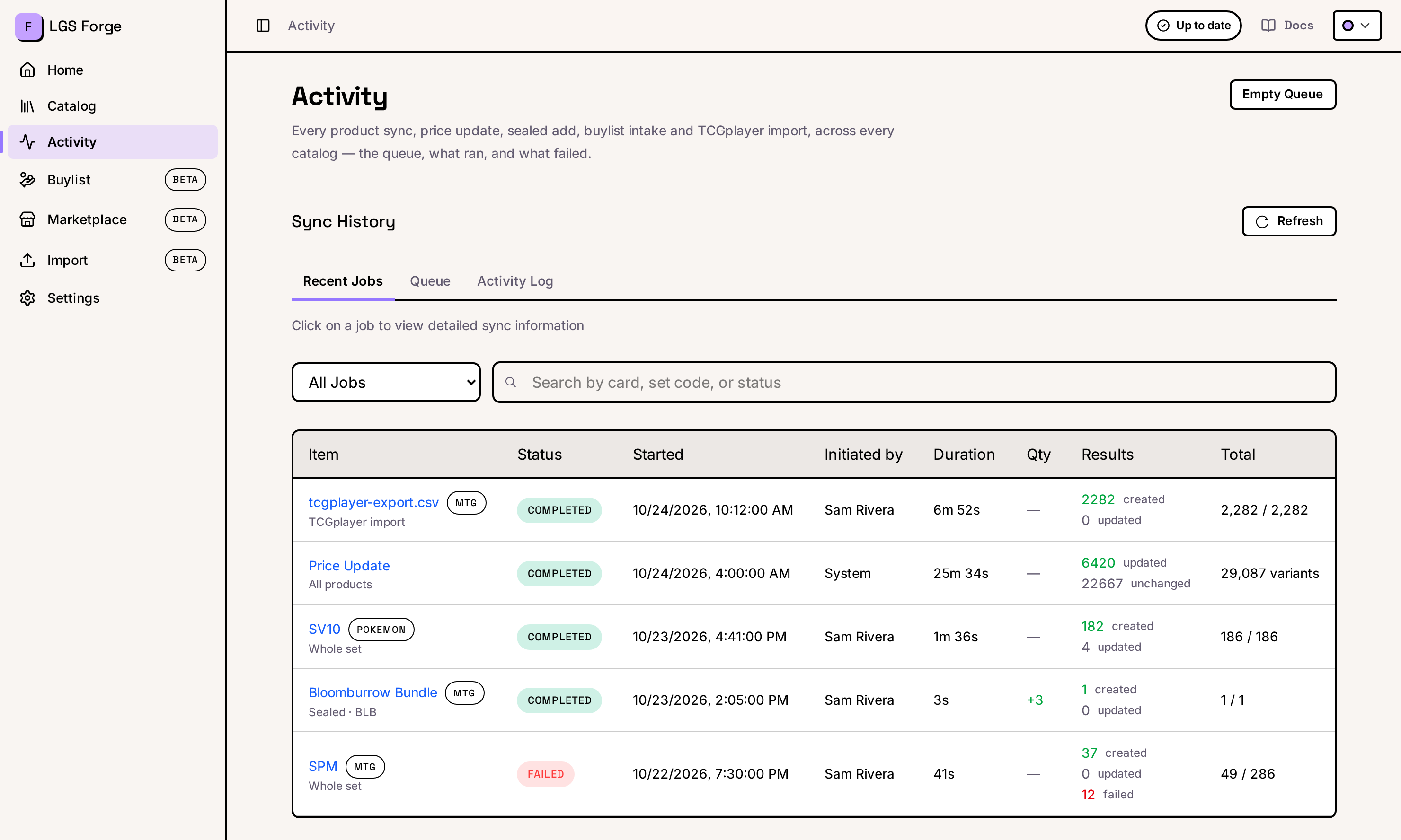 The Activity page on the Recent Jobs tab, with Queue and Activity Log alongside it, a filter and a search box, and five job rows: a TCGplayer import, a price update, a Pokemon set sync, a sealed add and a failed set sync, each with its start time, initiator, duration and results
