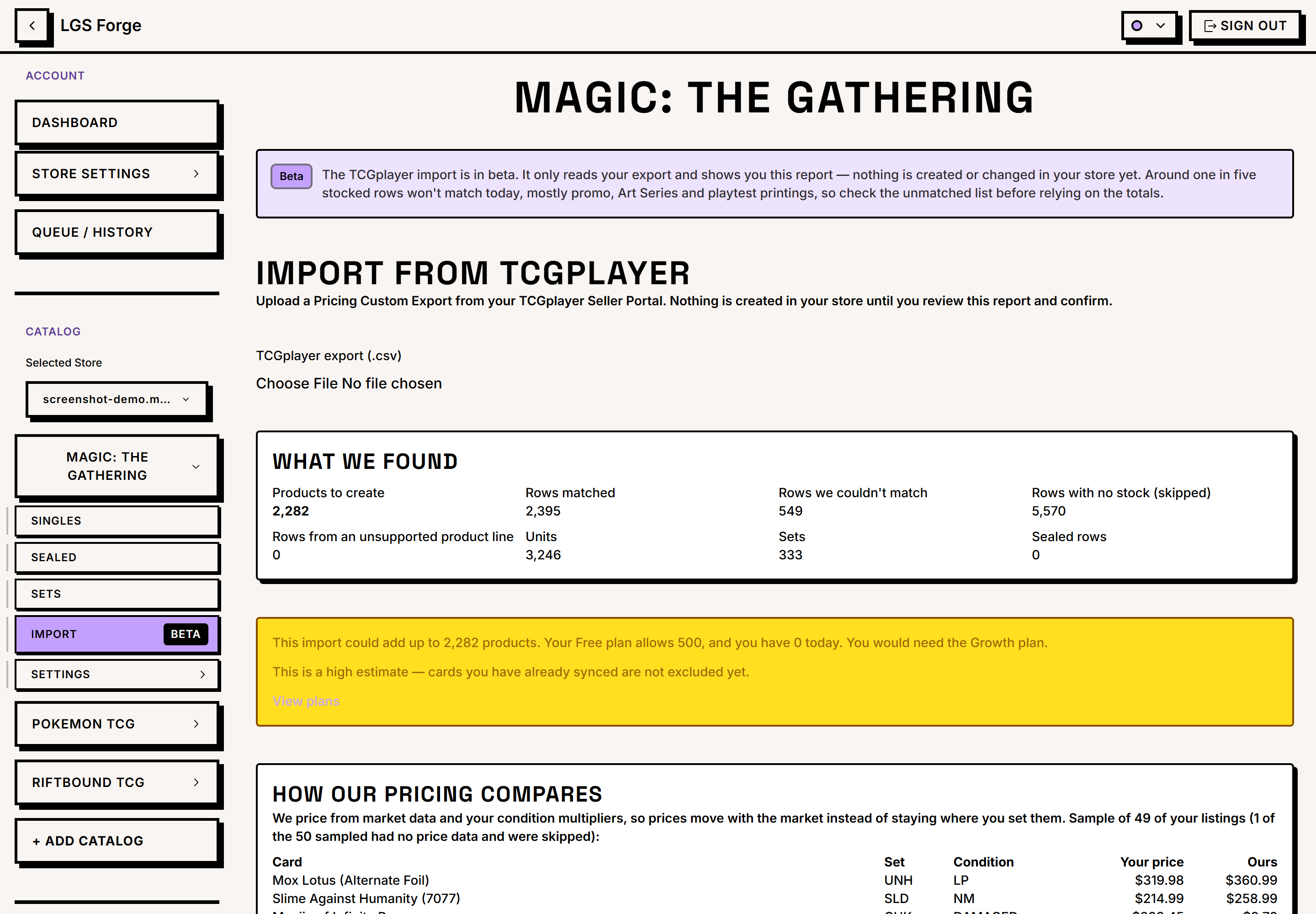 The import report: bucket counts, the plan-limit warning, and a sample comparing your TCGplayer prices against ours